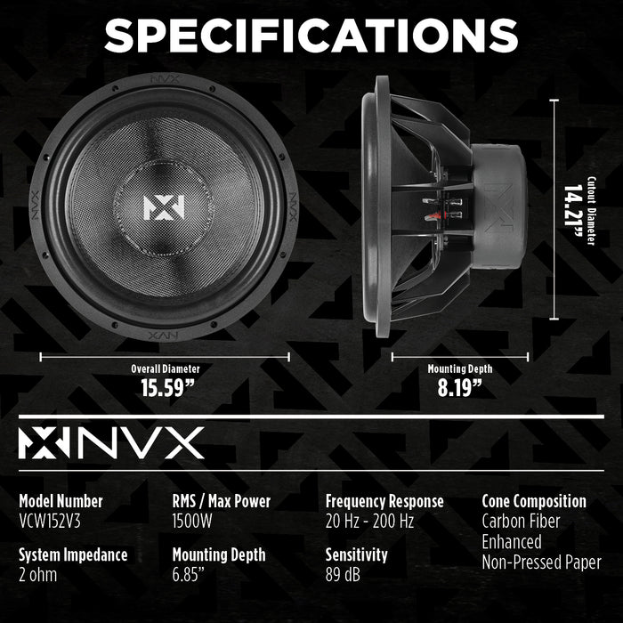 VCW154 Version 3 (VCW154v3) 3000W Peak (1500W RMS) 15" VC-Series v3 Dual 2-Ohm Subwoofer